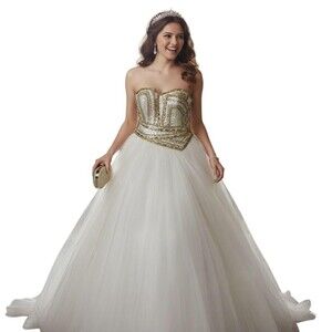 Terani Couture Dress Womens Sm White Sequin Beaded Tulle Ball Gown Prom Quince